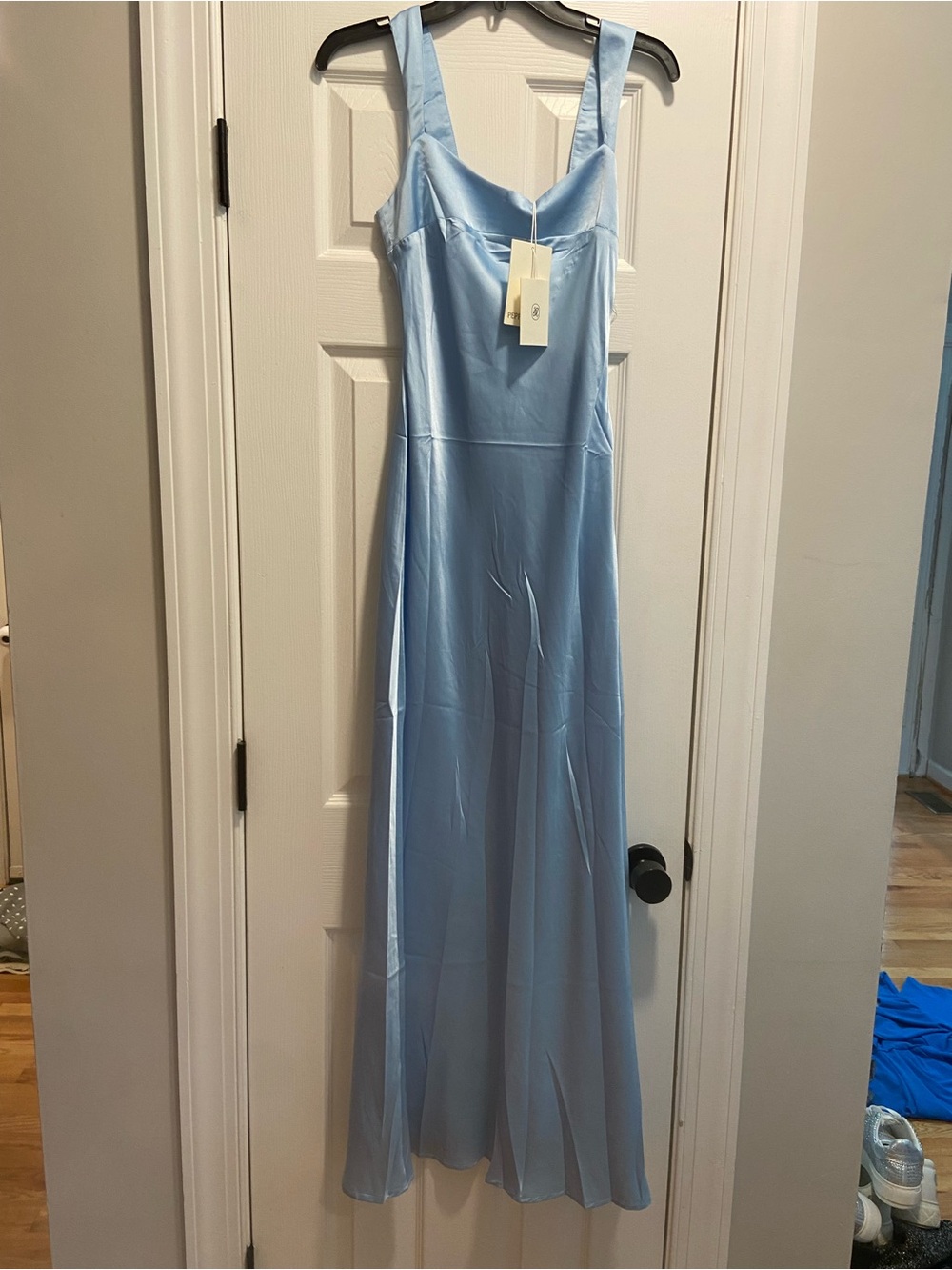 Peppermayo Light Blue Satin Maxi Dress with Square Neckline